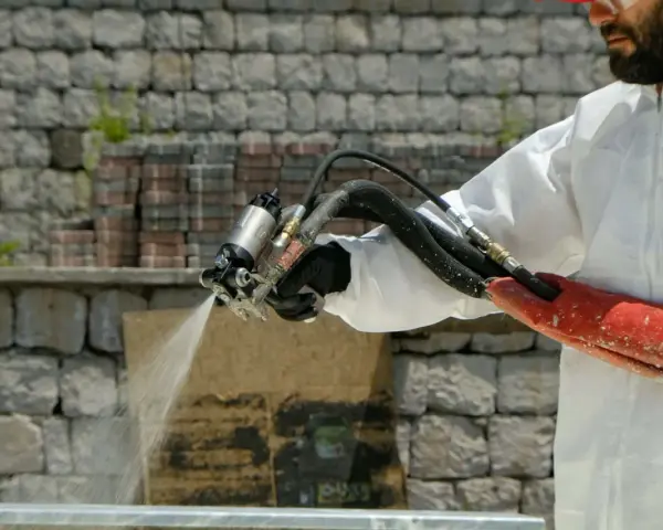 Un ouvrier en combinaison blanche applique une isolation mousse projetée sur un mur de pierres.