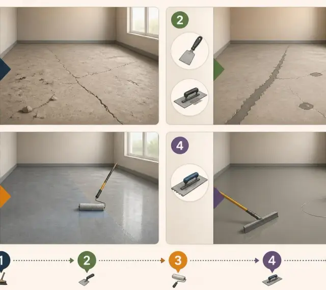 Étapes pour appliquer un ragréage autonivelant : nettoyage, réparation des fissures, application d'une sous-couche, puis coulage et étalement du produit pour un sol lisse.