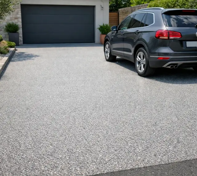 Allée de gravier stabilisé par résine. Avantage : esthétique et drainant. Inconvénient : peut être sensible aux taches.