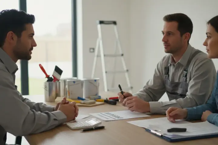 Un entrepreneur discute avec un couple des termes de la loi sur les acomptes pour travaux. Des pots de peinture et des pinceaux sont visibles.