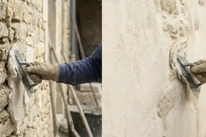 Application d'un enduit pierre vue sur un mur ancien. Un artisan applique le mortier avec une truelle, révélant la texture brute des pierres.