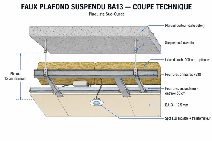 Coupe technique d'un faux plafond suspendu BA13. On voit la dalle béton, l'isolant, la structure métallique et les plaques de plâtre.