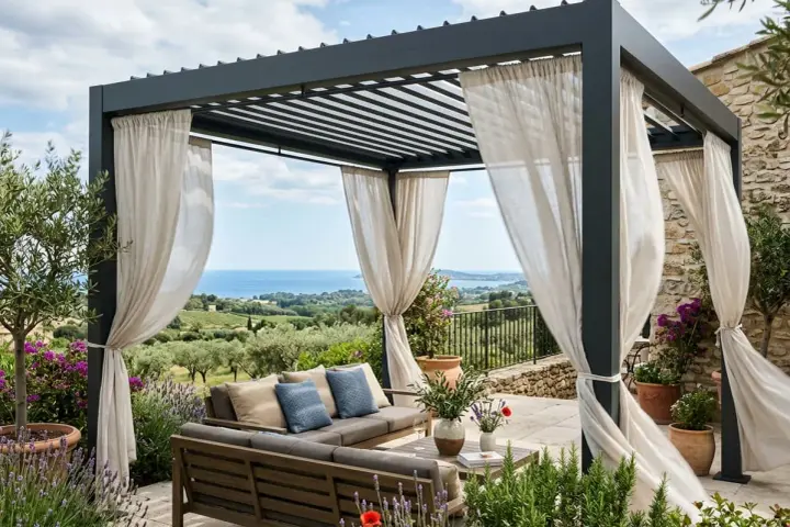 Une pergola bioclimatique, c'est quoi ? Un espace extérieur chic avec salon, vue mer et voilages légers.