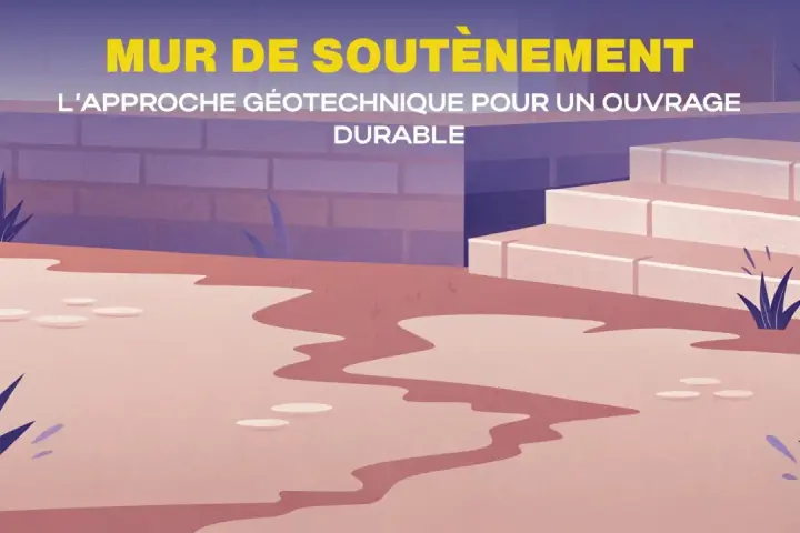 Illustration d'un mur de soutènement en briques, avec des marches en pierre et des plantes. Le titre "MUR DE SOUTÈNEMENT" est affiché.