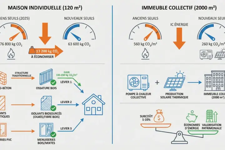 L'avantage maison ossature bois : réduction des émissions de CO2, isolation biosourcée et menuiseries mixtes pour une construction plus écologique.