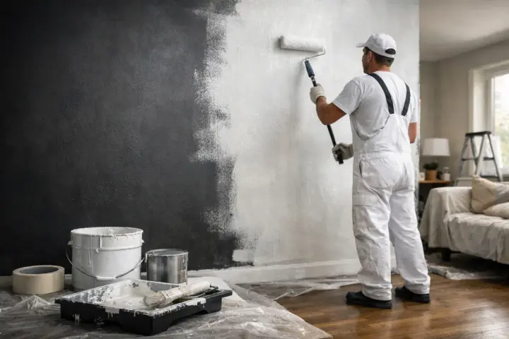 Un peintre en salopette blanche est en train de repeindre un mur de couleur sombre en blanc, utilisant un rouleau.
