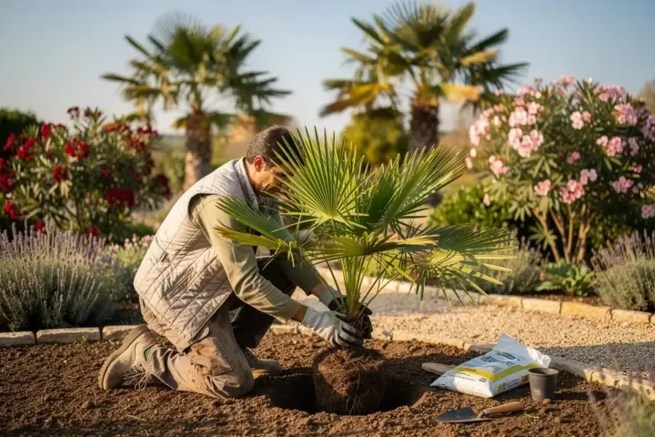 Un jardinier plante un jeune palmier, ajoutant une touche tropicale à son projet de création de jardin.