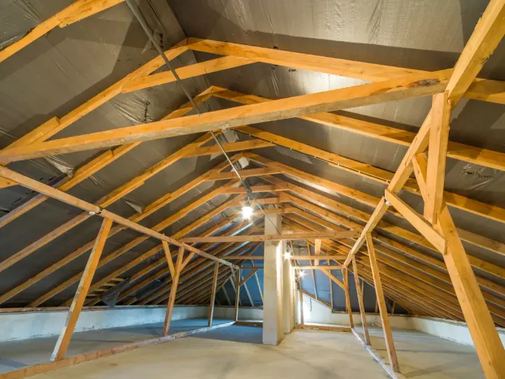 Charpente de grenier en bois, avec une bâche noire recouvrant le toit, suggérant une isolation rampant par l'intérieur en cours.