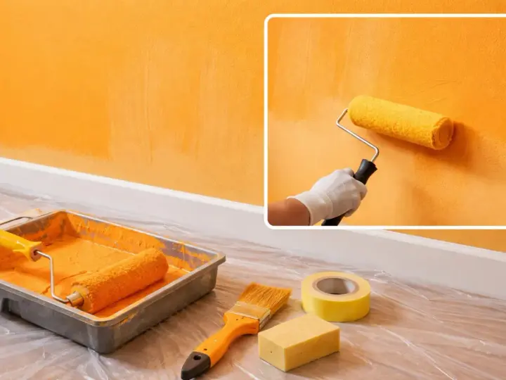 Un rouleau de peinture jaune crée des traces de rouleau à la lumière sur un mur orange. Matériel de peinture à proximité.