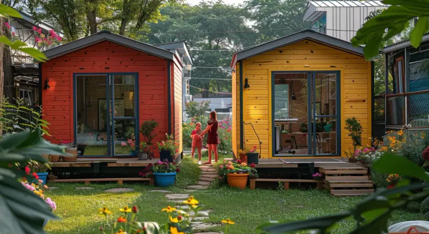 Deux petites maisons colorées, rouge et jaune, dans un jardin fleuri. On peut mettre 2 abris de jardin de 5m2 côte à côte, comme ici.