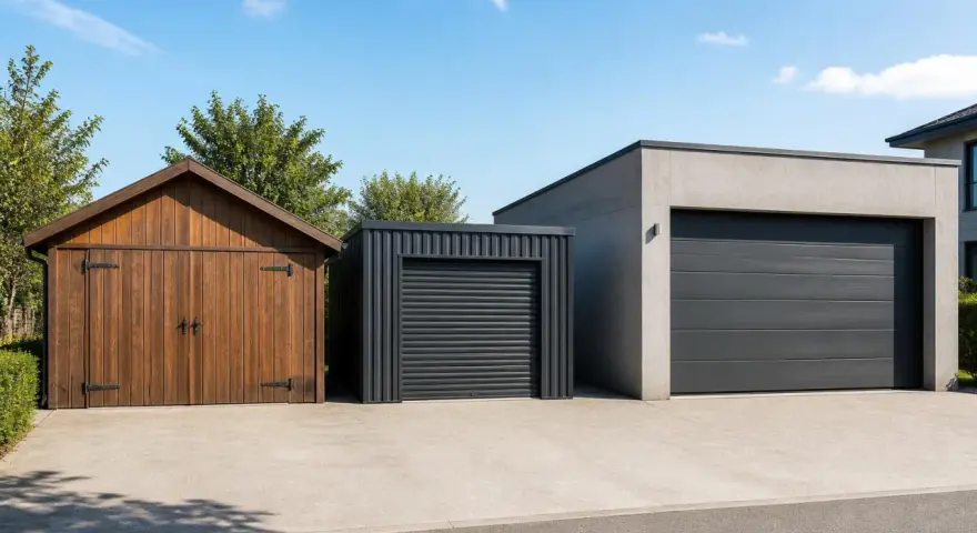 Trois garages aux styles variés : bois, métal et béton. Idéal pour comparer le prix construction garage et choisir le vôtre.