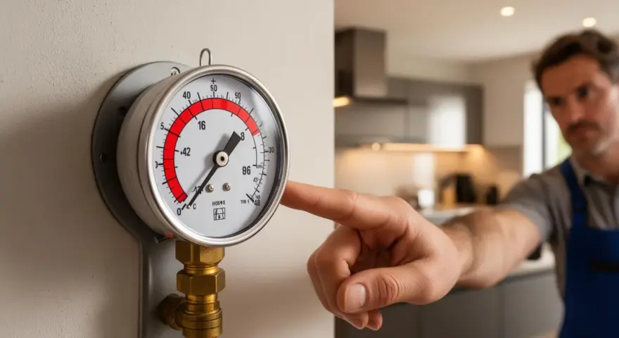 Un technicien vérifie un manomètre indiquant une baisse de pression de la chaudière, sans fuite visible.