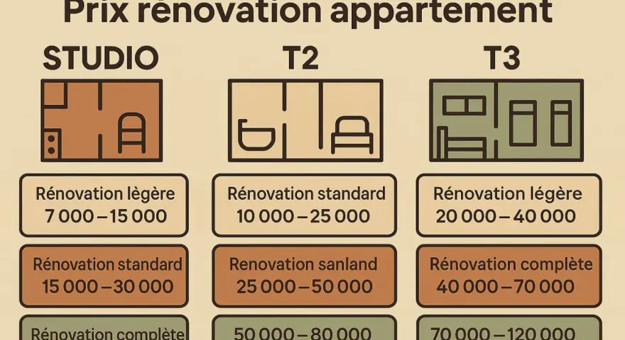 Tableau comparatif des prix de rénovation d'appartements (studio, T2, T3) selon le type de travaux : légère, standard, complète.