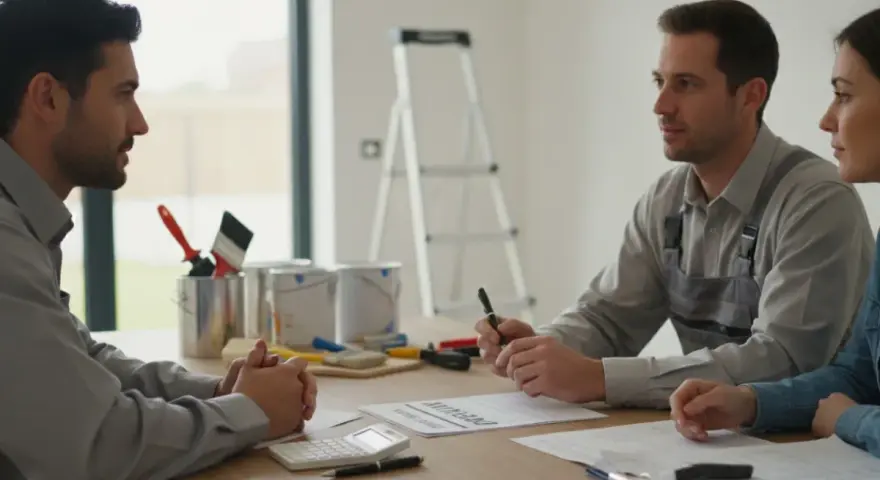 Un entrepreneur discute avec un couple des termes de la loi sur les acomptes pour travaux. Des pots de peinture et des pinceaux sont visibles.