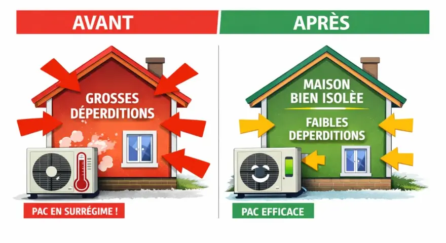 Avant : maison rouge avec grosses déperditions, PAC en surrégime. Après : maison verte bien isolée, faibles déperditions, PAC efficace.