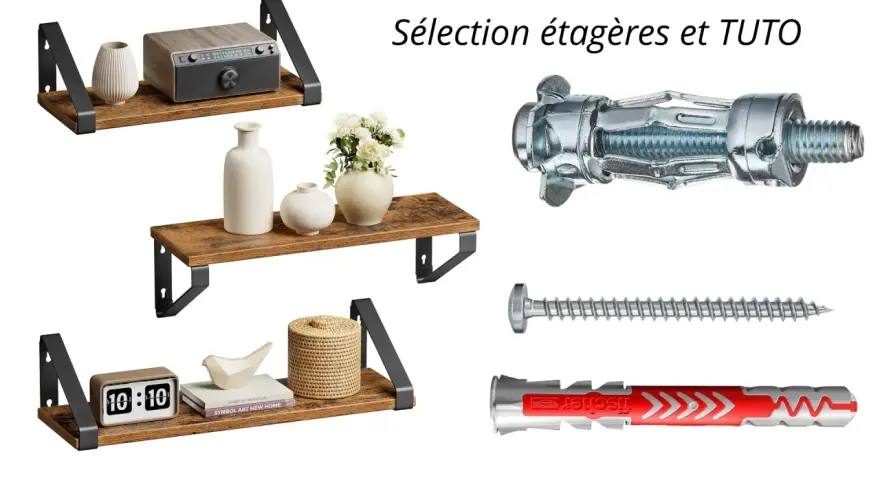 Étagères en bois rustique et fixations pour placo, idéales pour fixer vos étagères.