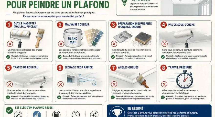 Guide pour peindre un plafond : évitez 8 erreurs courantes pour un résultat impeccable. Quelle peinture pour plafond choisir ? Privilégiez le blanc mat pour un fini lumineux.