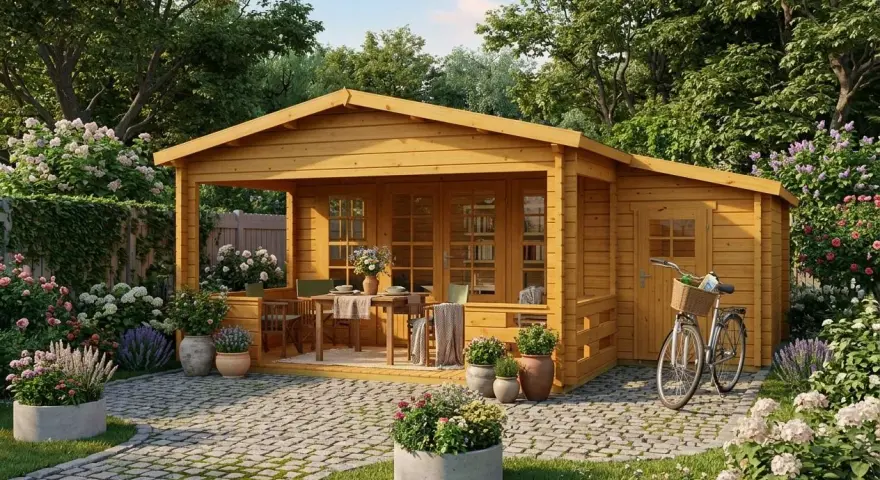 Maisonnette en bois avec une terrasse couverte aménagée pour les repas, entourée de fleurs et d'un vélo.