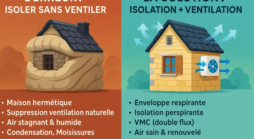 Illustration comparant une maison étouffée par l'isolation sans ventilation (erreur) et une maison bien isolée et ventilée (solution), essentielle pour la rénovation maison ancienne.