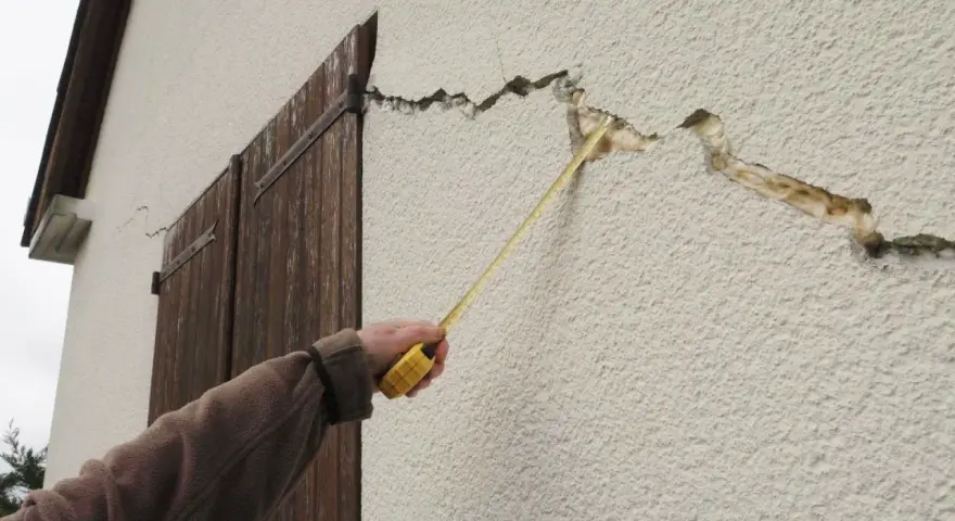 Main d'une personne mesurant des fissures sur un mur extérieur. Quand s'inquiéter des fissures maison ?