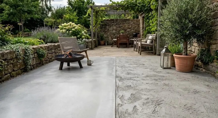Terrasse avec une finition dalle béton lisse et une autre texturée, mobilier de jardin, brasero et olivier.