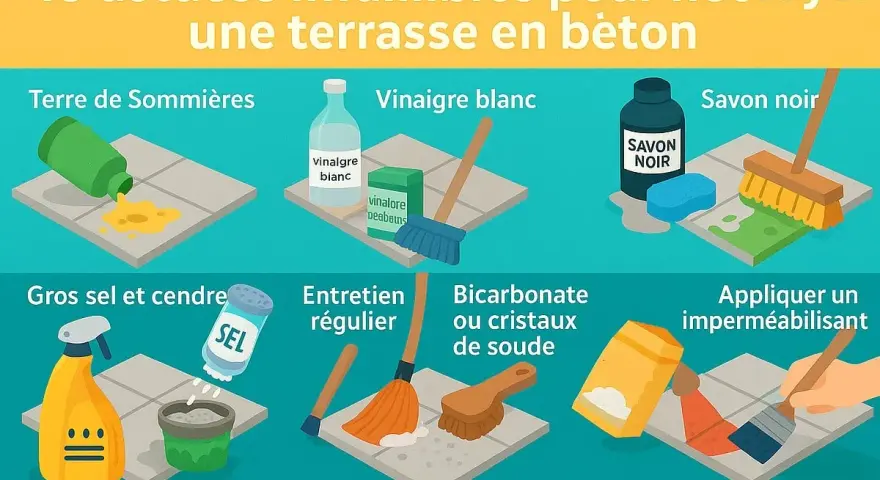 Astuces pour nettoyer une terrasse en béton : terre de Sommières, vinaigre blanc, savon noir, gros sel, entretien régulier, bicarbonate de soude, imperméabilisant.