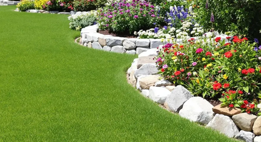 Magnifique pelouse verte bordée de fleurs colorées et d'une murette en pierres, parfaite pour faire bordure jardin.