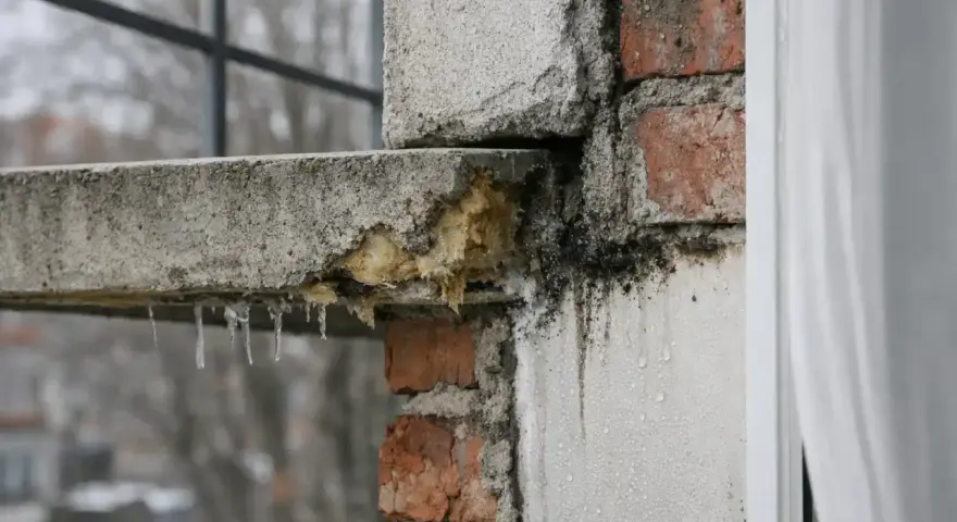 Détérioration d'un balcon en béton, avec des stalactites de glace et des traces de moisissure. Un pont thermique favorise la condensation et la dégradation.