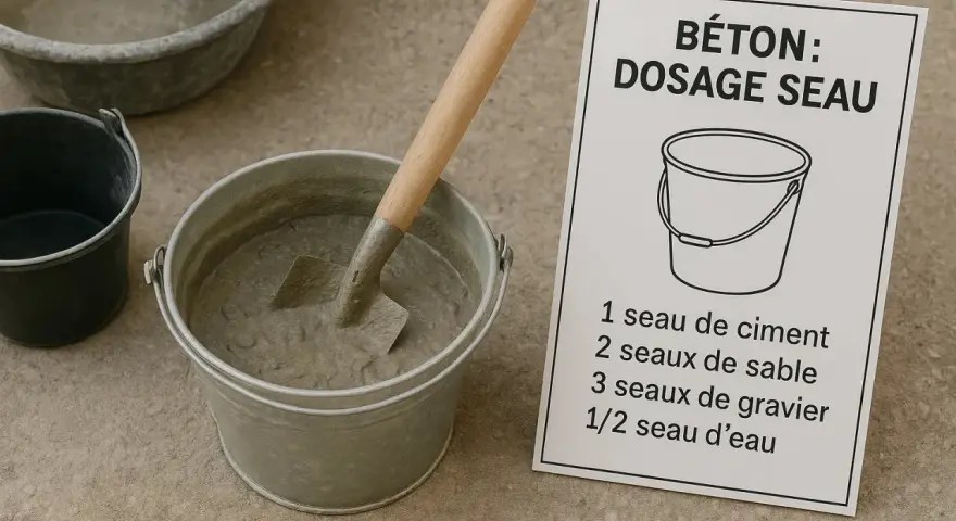Préparation du béton : un seau de ciment, du sable, du gravier et de l'eau sont prêts à être mélangés.