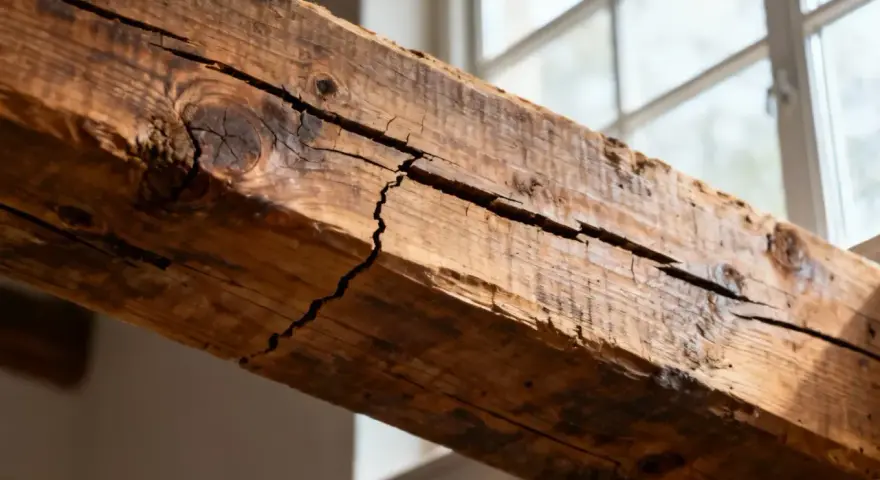 Gros plan sur une poutre en bois fissurée, témoin silencieux d'une maison qui craque toujours au même endroit. La lumière du jour filtre à travers une fenêtre floue.