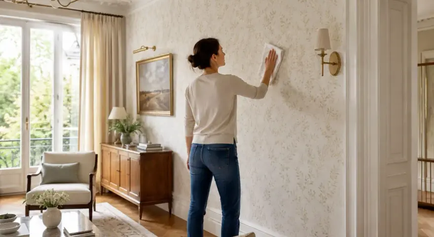 Une femme nettoie un mur avec un papier peint à motifs de feuilles. Elle utilise un chiffon pour peindre sur du papier peint, peut-être pour le rafraîchir.