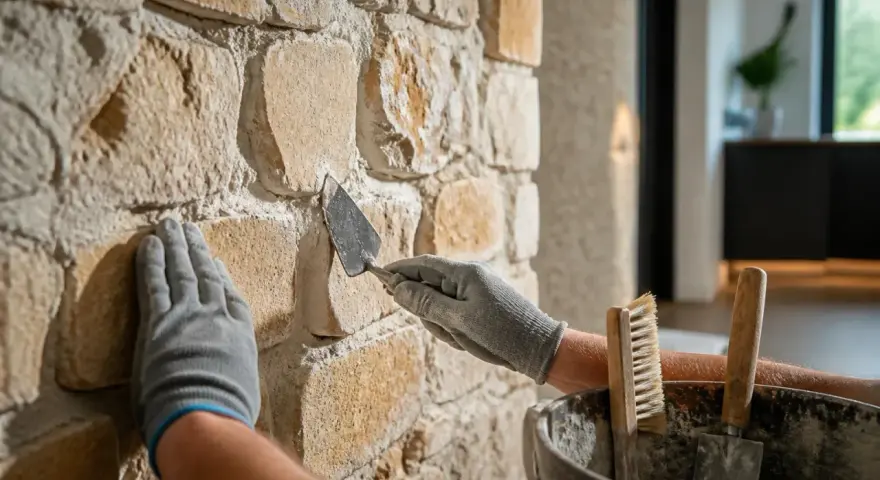 Mains gantées travaillant sur un mur en pierres naturelles, appliquant du mortier avec une truelle. Le mur qui s'effrite retrouve sa beauté.