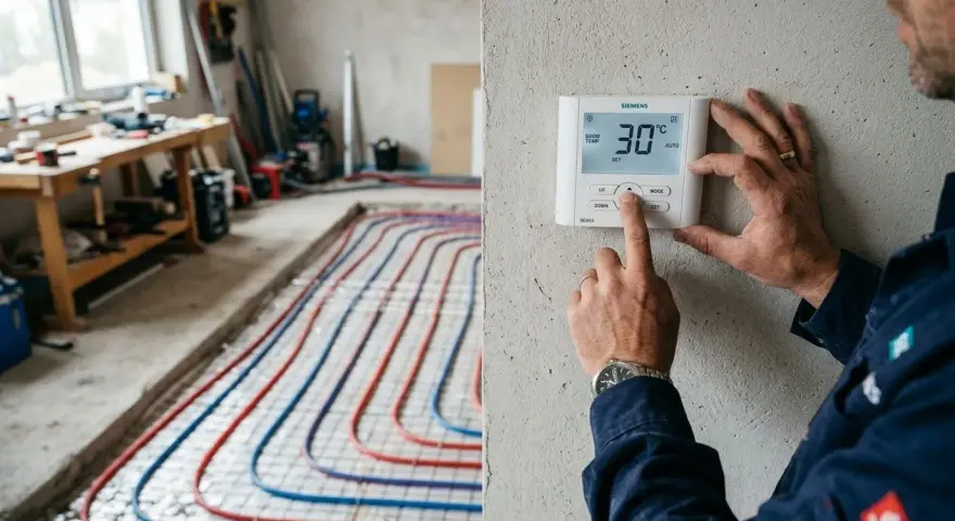 Mise en chauffe plancher chauffant avant carrelage : un technicien règle le thermostat. Les tuyaux rouges et bleus sont prêts pour le béton.
