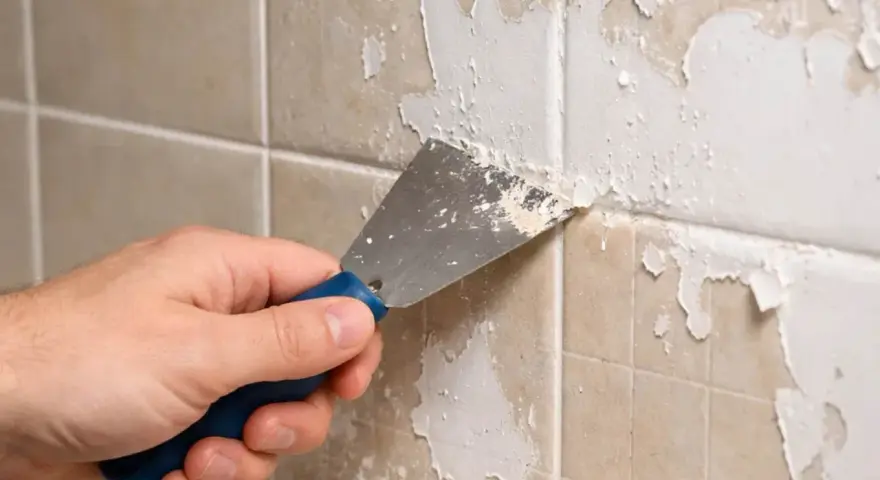 Main tenant enlever peinture sur carrelage avec une spatule. La peinture s'écaille, révélant le carrelage beige en dessous.