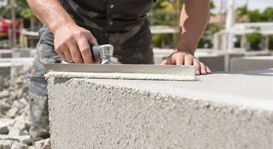 Un maçon applique du mortier sur un bloc de béton cellulaire extérieur pour la construction d'un mur.