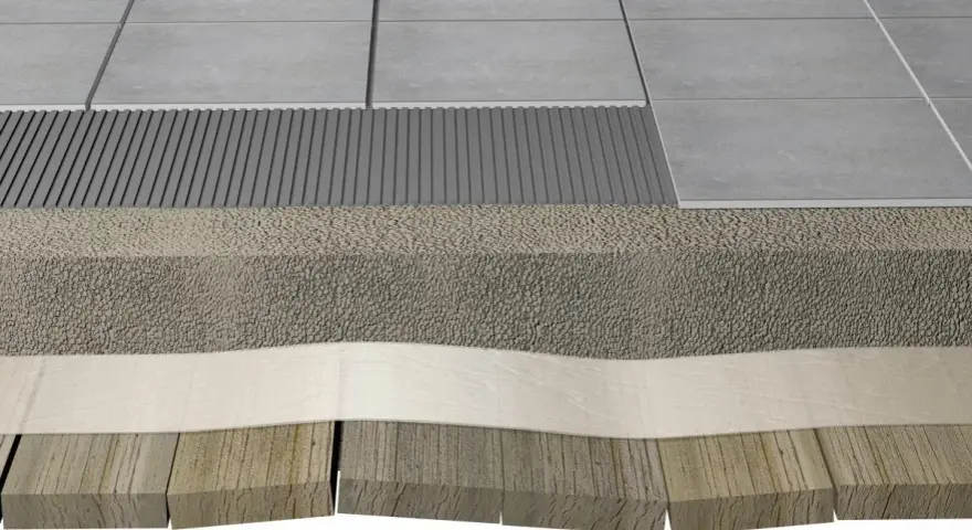 Coupe d'un sol : chape allégée sur plancher bois, avec carrelage et sous-couche drainante.