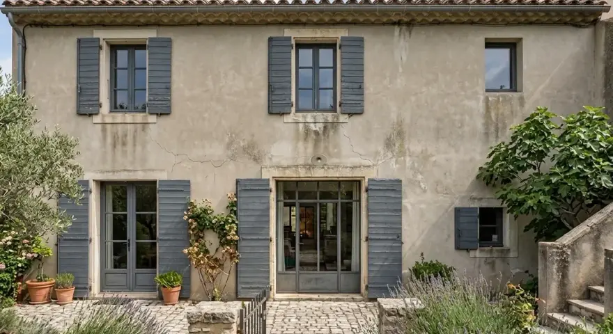 Maison en pierre avec volets gris, idéale pour une aide pour isolation extérieure. Jardin fleuri et pavé devant.