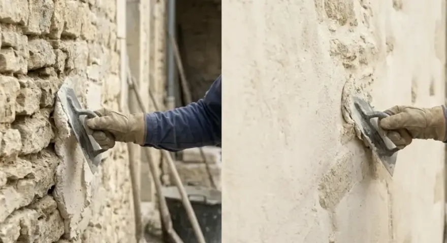 Application d'un enduit pierre vue sur un mur ancien. Un artisan applique le mortier avec une truelle, révélant la texture brute des pierres.
