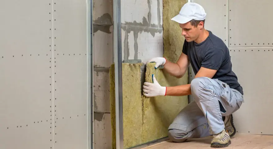 Pose d'isolant dans un mur intérieur de maison ancienne. Un ouvrier installe la laine de roche dans une ossature métallique avant la pose des plaques de plâtre.