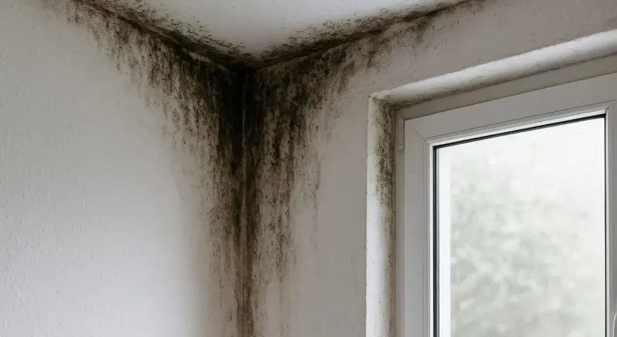 Moisissure envahissant le coin d'une pièce, signe d'un problème d'isolation thermique. Une situation qui peut devenir une obligation de travaux en copropriété.