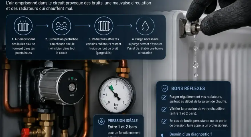 Le circuit de chauffage idéal fonctionne entre 1 et 2 bars. L'image montre un manomètre indiquant la pression, une pompe, et un radiateur purgé.