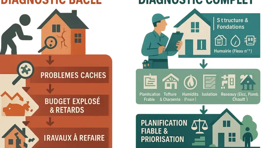Diagnostic bâclé vs. complet pour rénover sa maison : problèmes cachés, budget explosé et travaux à refaire, ou planification fiable et priorisation.