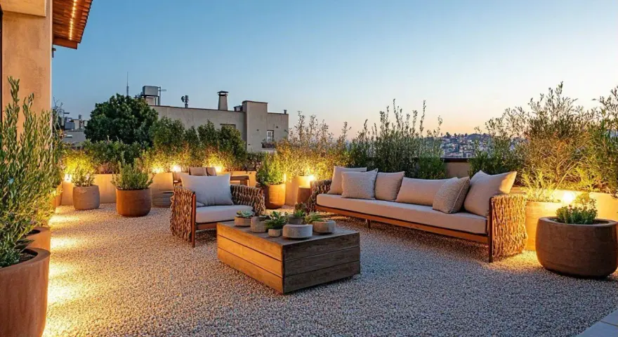 Terrasse moderne avec mobilier de jardin, plantes et éclairage d'ambiance sur un sol en gravier. Le prix du gravier m3 est un détail à considérer pour un tel aménagement.