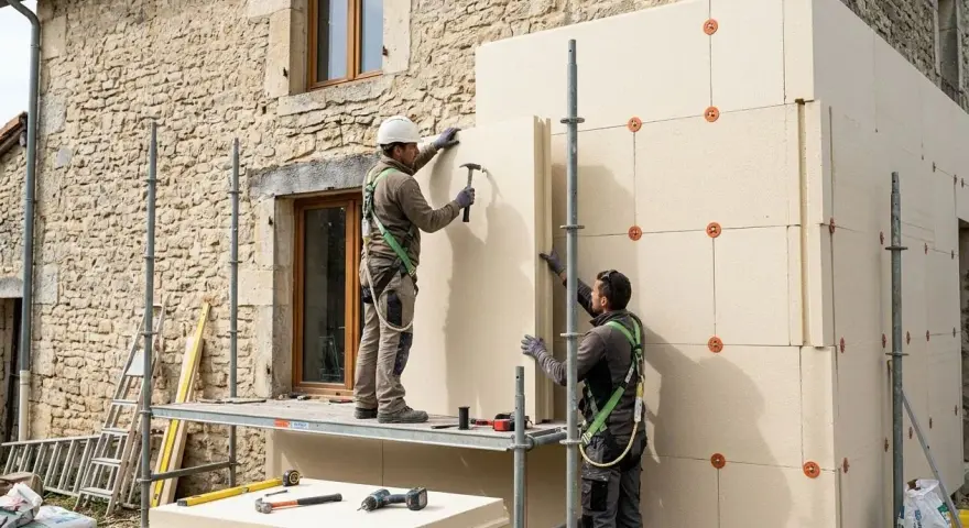 Deux ouvriers installent des panneaux isolants sur un mur de pierre. Ils utilisent des échafaudages et des outils pour fixer le matériau, assurant ainsi le meilleur isolant thermique pour la bâtisse.