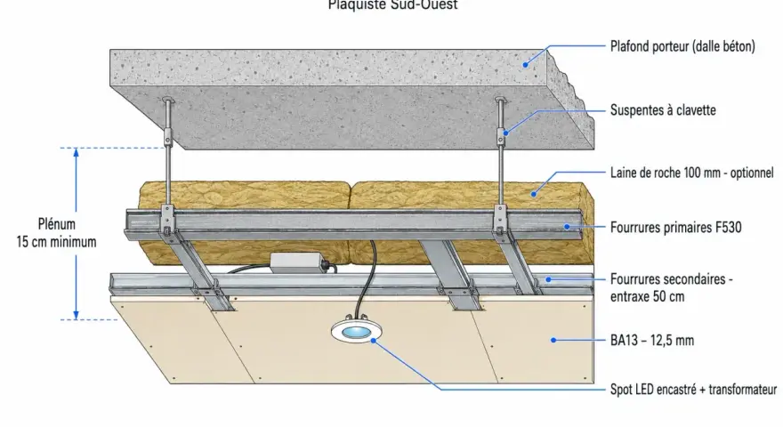 Coupe technique d'un faux plafond suspendu BA13. On voit la dalle béton, l'isolant, la structure métallique et les plaques de plâtre.