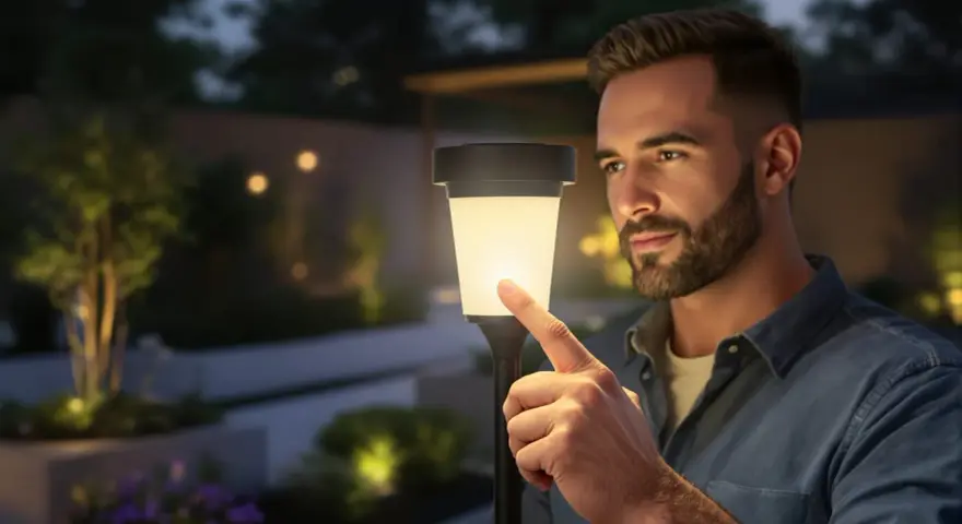 Un homme touche une lampe solaire extérieure, illustrant le fonctionnement on/off de l'éclairage de jardin.