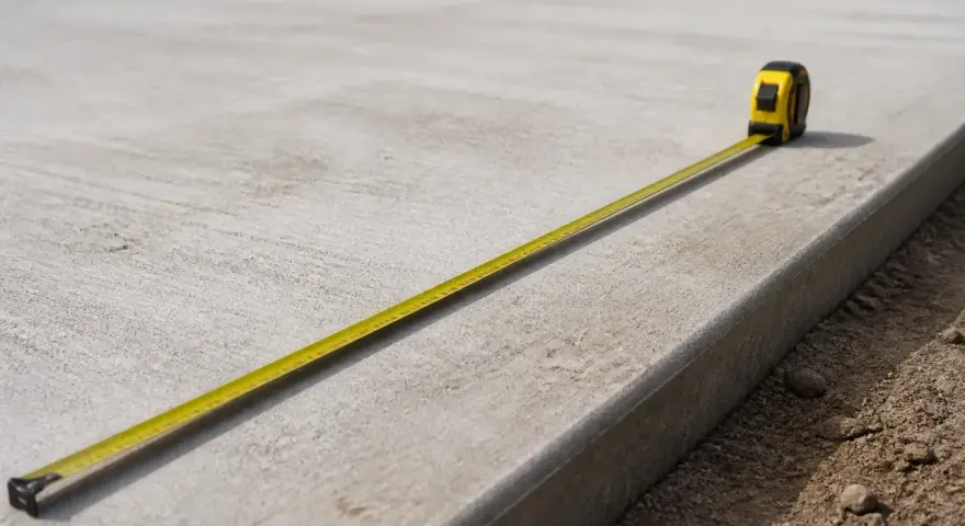 Mètre ruban sur une dalle de béton fraîchement coulée, 15 cm d'épaisseur. Le temps de séchage est crucial.
