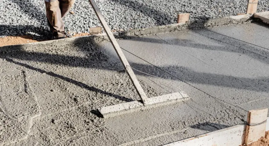 Un ouvrier lisse le béton frais pour créer une pente de terrasse.