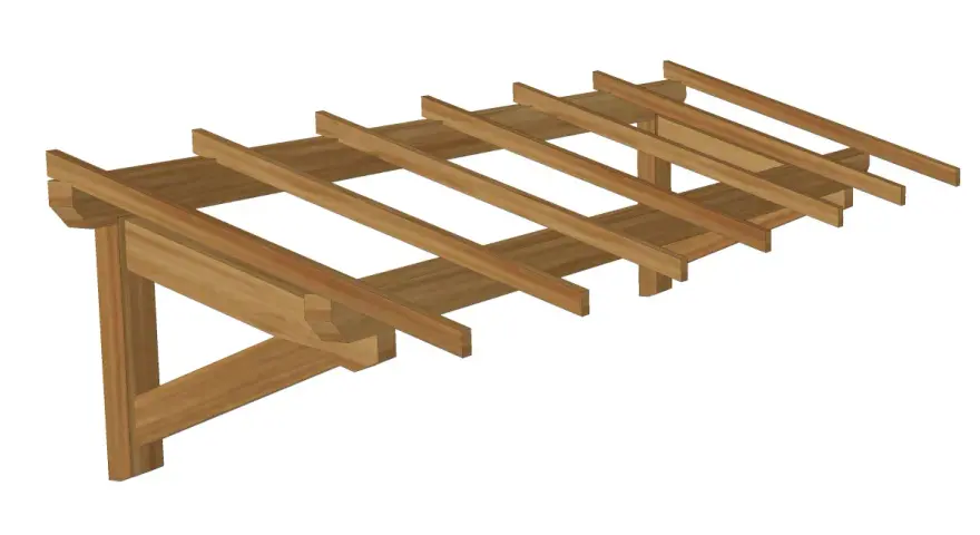 Plan pour fabriquer une marquise en bois. Structure en bois avec poutres et chevrons, prête à être assemblée pour créer une ombrelle.