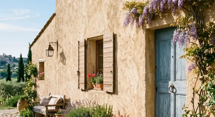 Maison de campagne avec enduit à la chaux extérieur, porte bleue, volets en bois, banc et lavande.